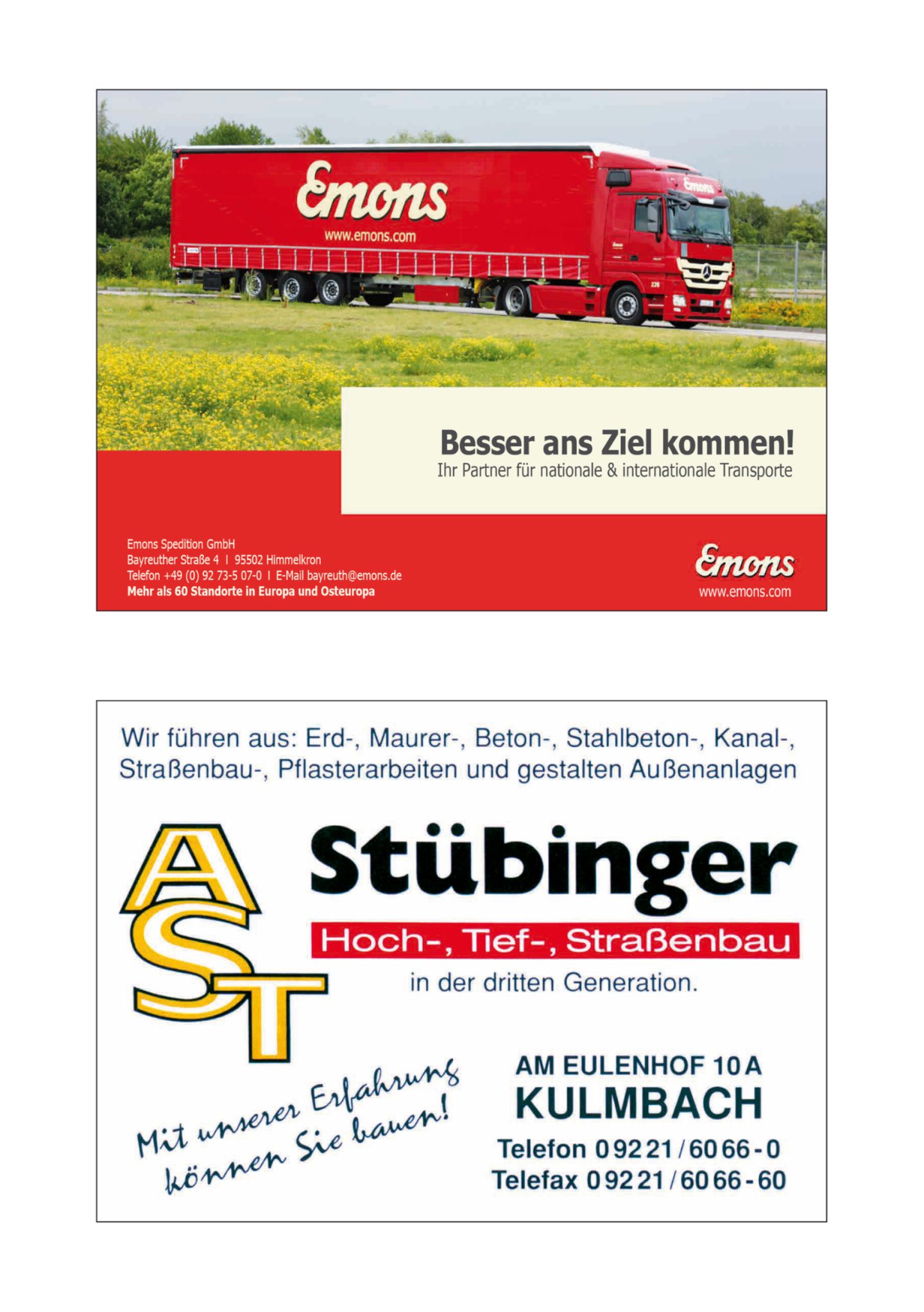 Anzeige: Emons Spedition und AST Stübinger Hoch-, Tief- und Straßenbau, Kulmbach