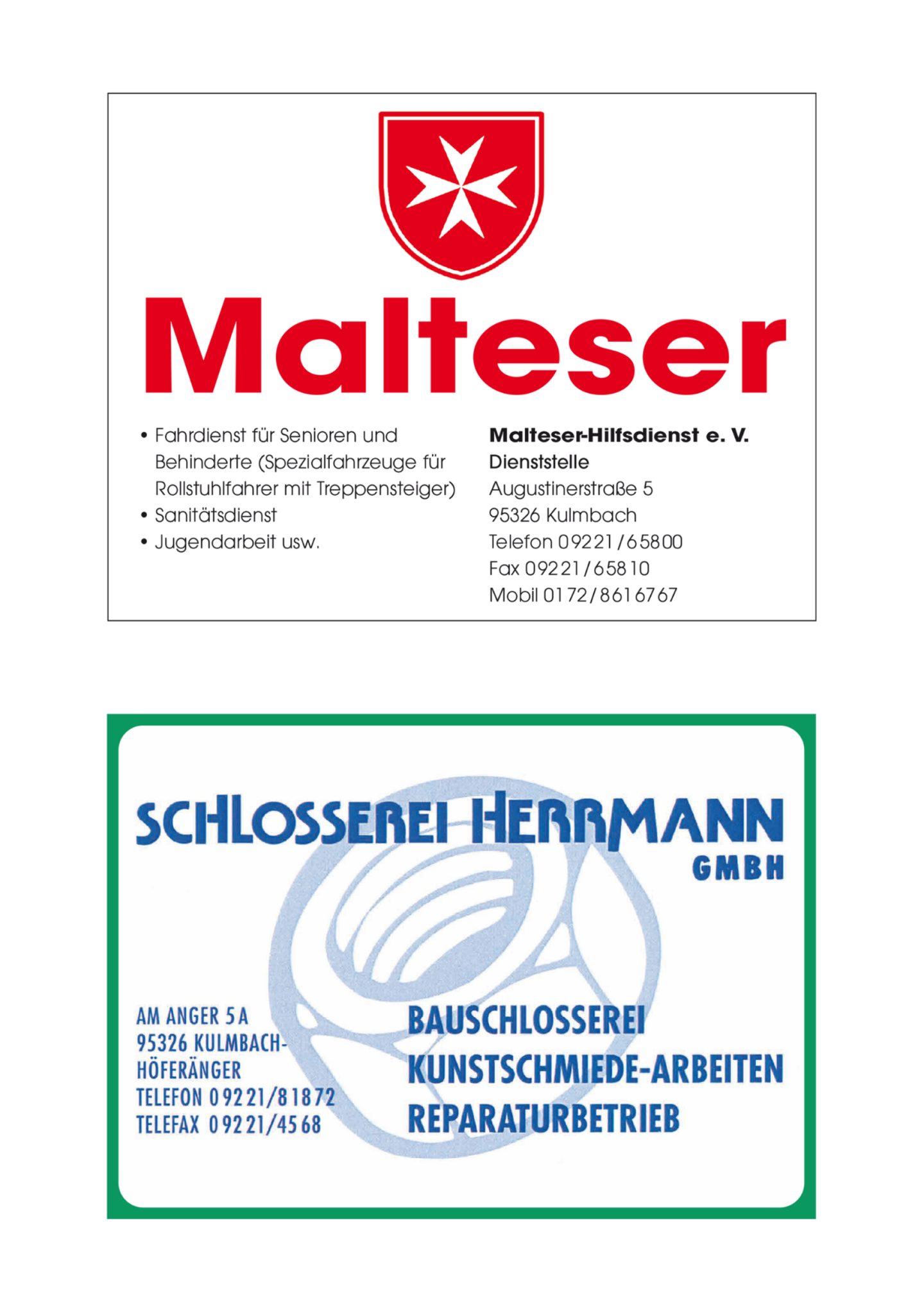 Anzeige: Malteser-Hilfsdienst und Schlosserei Herrmann, Kulmbach