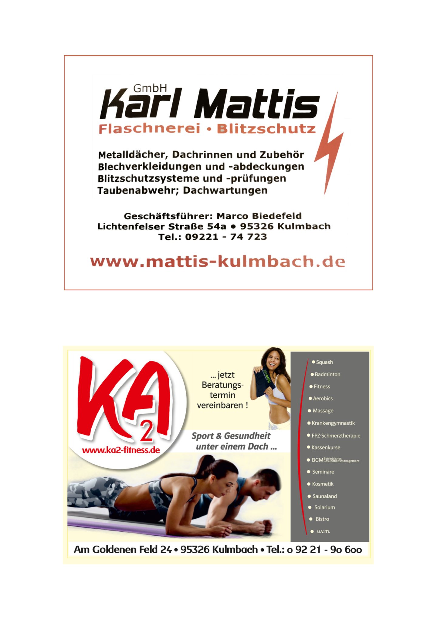 Anzeige: Karl Mattis Flaschnerei und KA2 Fitness, Kulmbach