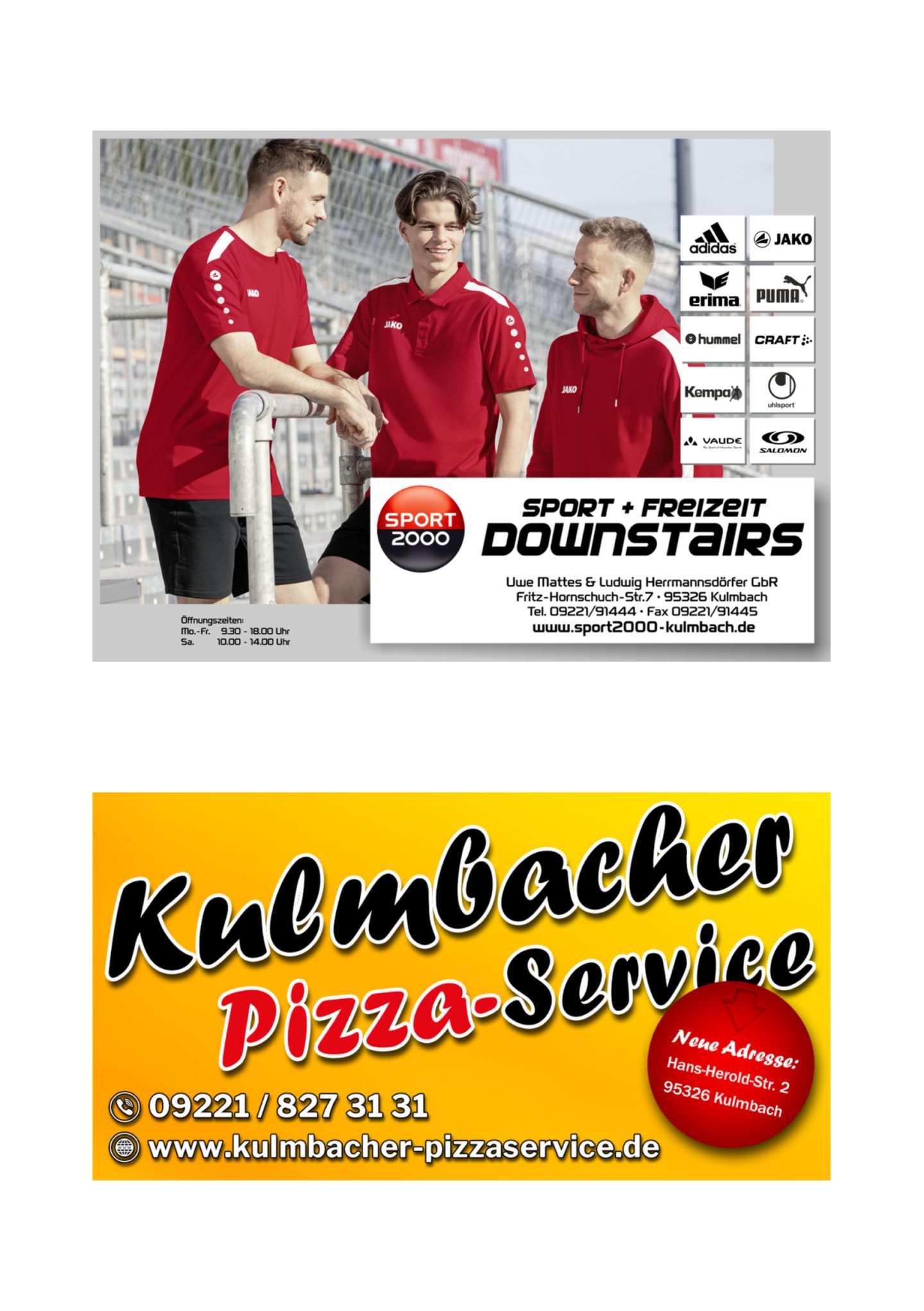 Anzeige: Sport 2000 Downstairs und Kulmbacher Pizza-Service