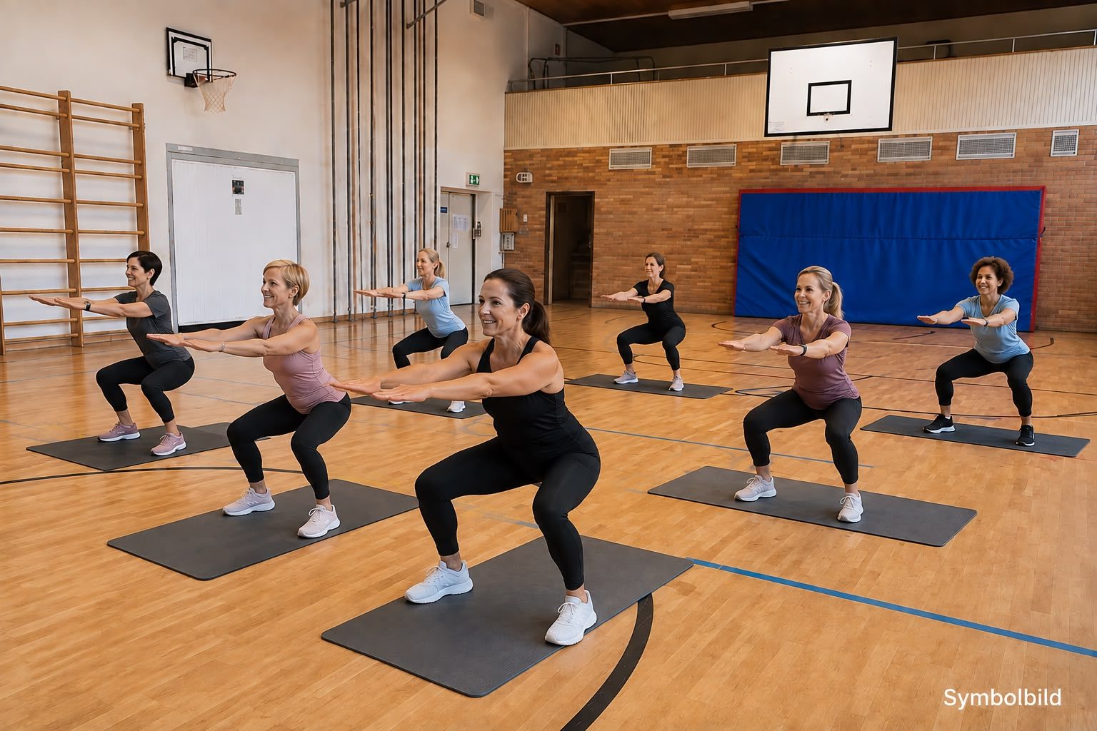 Gruppe trainiert mit Kniebeugen auf Matten im Sportraum (Symbolbild)